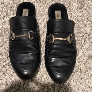 Steve Madden Black Leather Mules with Gold Accents